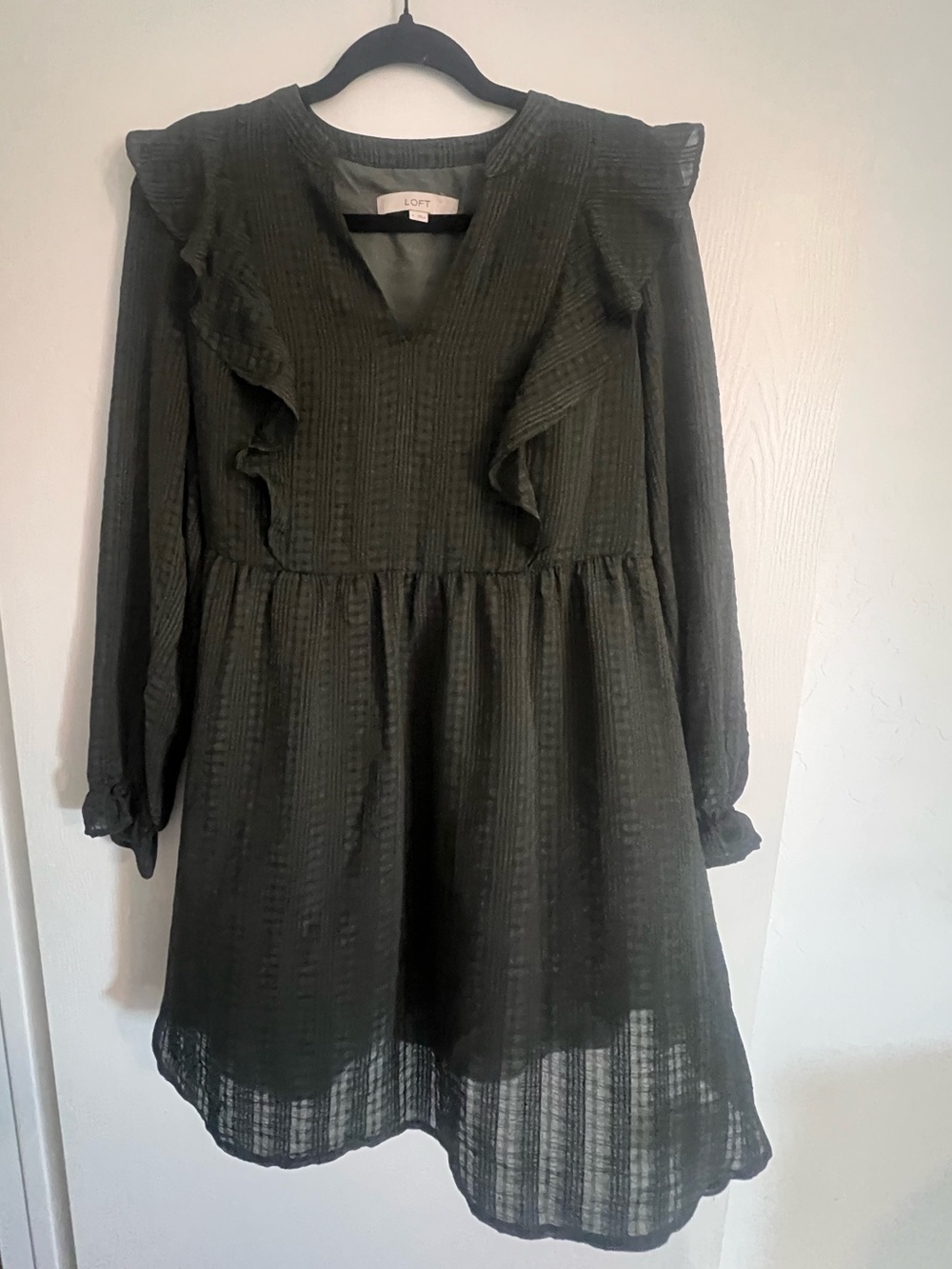 LOFT Dark Olive Textured Ruffle Blouse Dress